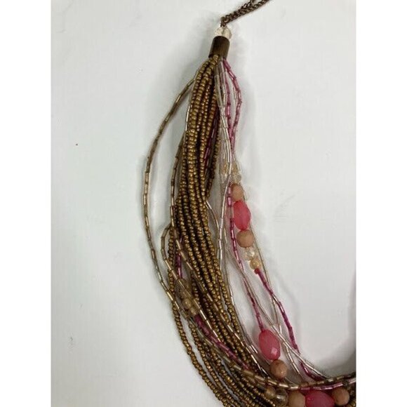 Beaded Necklace Multi Strand Twisted Seed Bead Pink Clear Gold Tone Statement - Picture 6 of 10